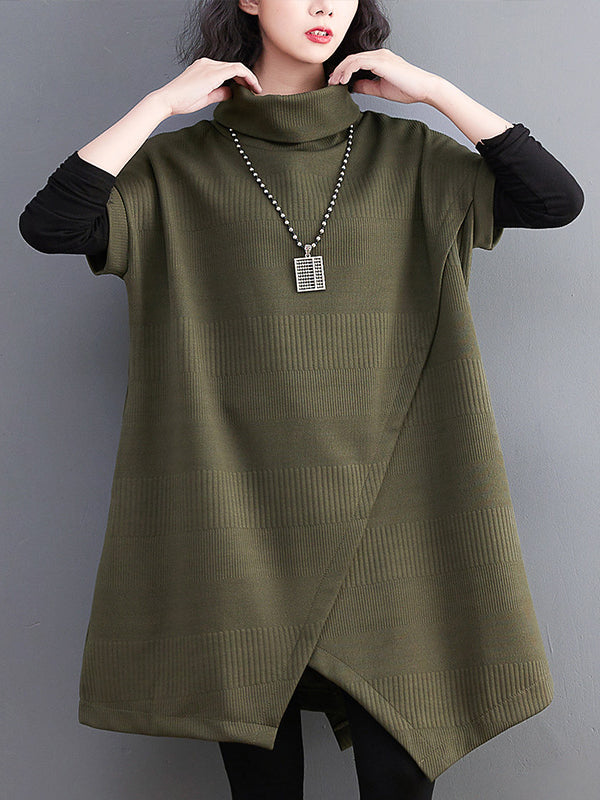 xakxx Short Sleeves Asymmetric Solid Color Split-Front High-Neck Knitwear Mini Dresses
