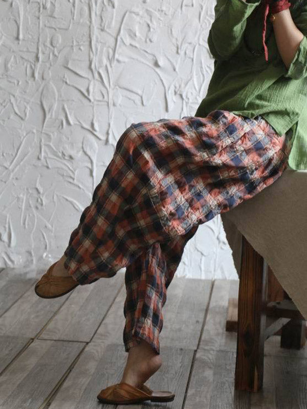 xakxx Casual Ramie Cotton Plaid Wide Leg Loose Pants