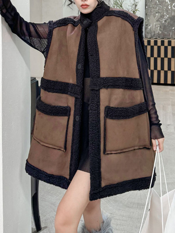 xakxx Loose Sleeveless Buttoned Contrast Color Pockets Reversible Velvet Stand Collar Vest Outerwear