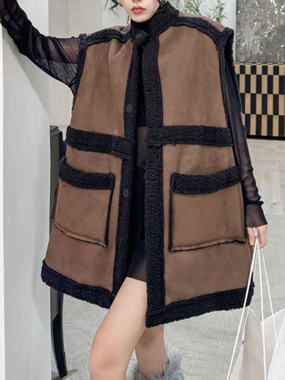 xakxx Loose Sleeveless Buttoned Contrast Color Pockets Reversible Velvet Stand Collar Vest Outerwear