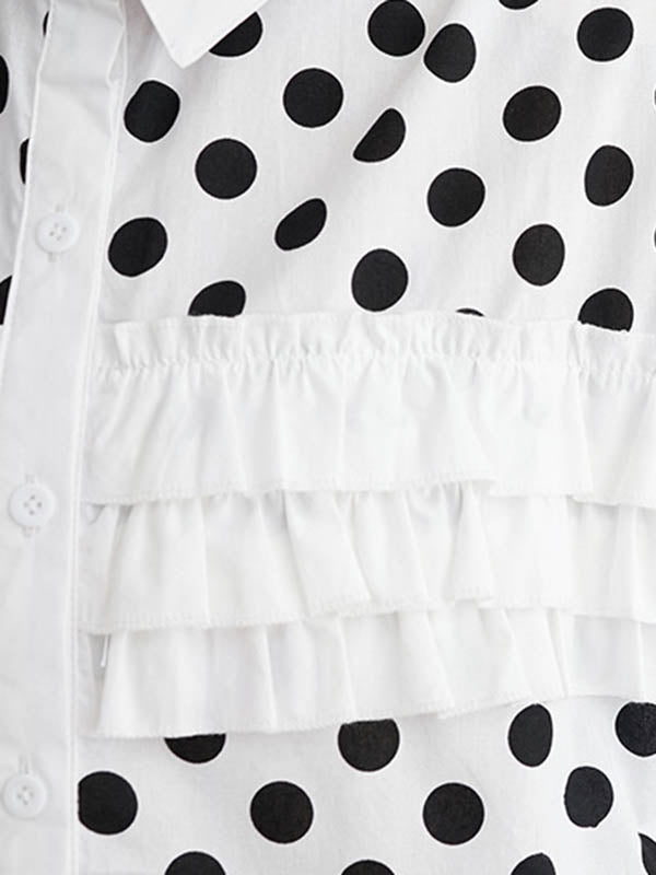xakxx Loose Short Sleeves Contrast Color Pleated Polka-Dot Split-Joint Lapel Blouses