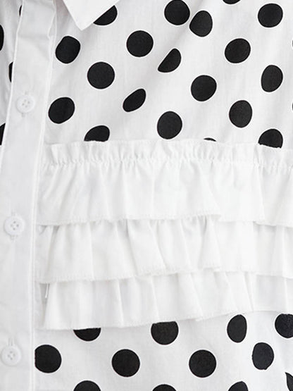 xakxx Loose Short Sleeves Contrast Color Pleated Polka-Dot Split-Joint Lapel Blouses