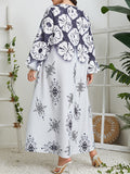 xakxx Long Sleeves Loose Contrast Color Flower Print Muslim Round-Neck Midi Dresses