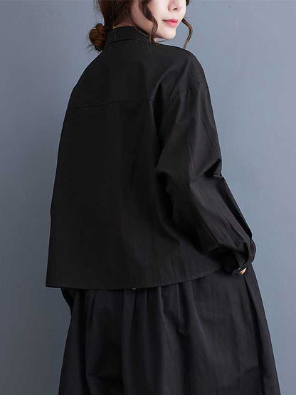 xakxx Long Sleeves Loose Applique Buttoned Embroidered Lapel Blouses&Shirts Tops