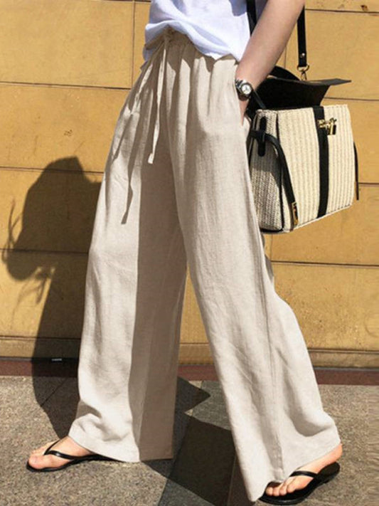 xakxx High Waisted Loose Drawstring Pockets Solid Color Pants Trousers