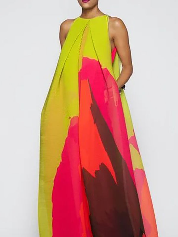 xakxx Loose Sleeveless Multi-Colored Round-Neck Maxi Dresses