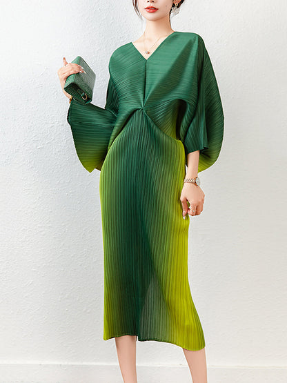 xakxx Fashion Loose Batwing Sleeves Gradient Pleated Midi Dress