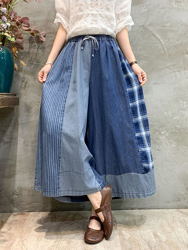 xakxx Wide Leg Split-Joint Striped Casual Pants Bottoms Jean Pants Bottoms