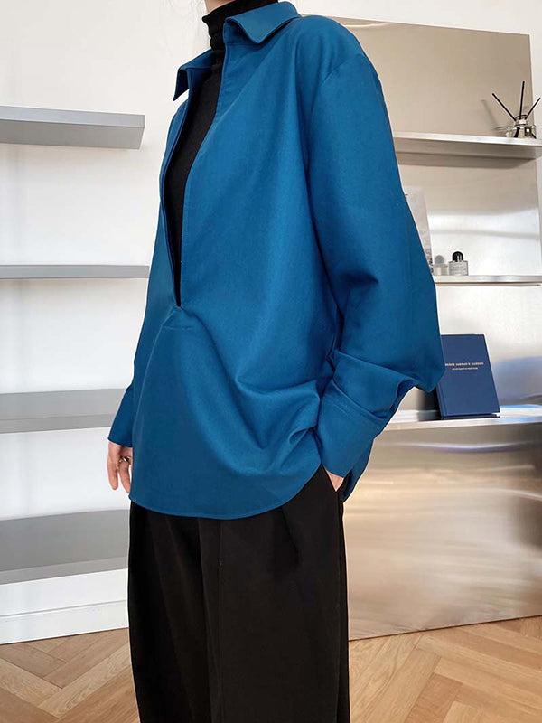 xakxx Long Sleeves Loose Solid Color Lapel Blouses