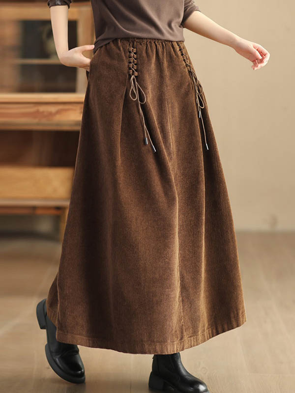 xakxx A-Line Loose Elasticity Solid Color Tied Velvet Skirts Bottoms