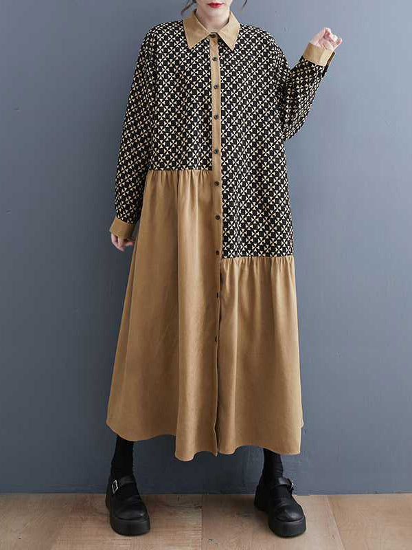 xakxx A-Line Long Sleeves Asymmetric Buttoned Pleated Printed Split-Joint Lapel Midi Dresses