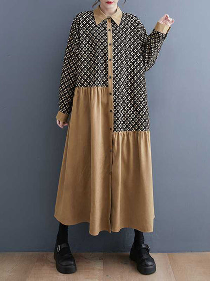 xakxx A-Line Long Sleeves Asymmetric Buttoned Pleated Printed Split-Joint Lapel Midi Dresses