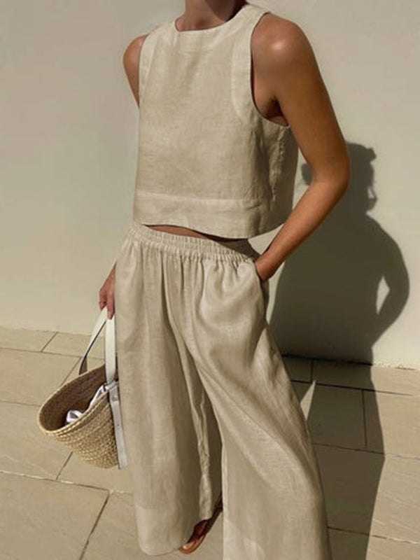 xakxx Solid Color Round-Neck Sleeveless Vest + Elasticity Wide Leg Pants Two Pieces Set