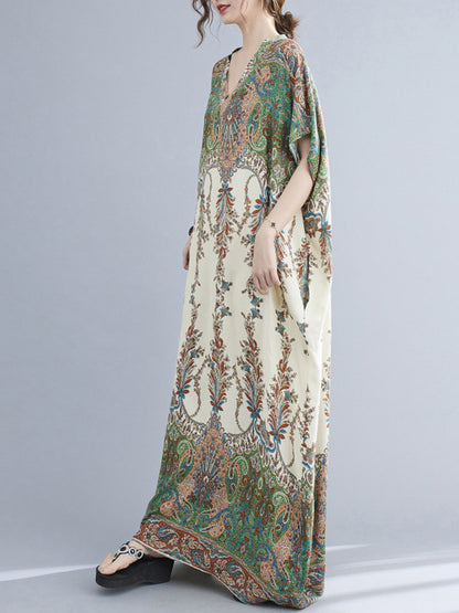 xakxx Vintage Floral Printed V-Neck Batwing Sleeves H-Line Maxi Dress