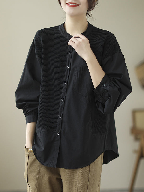 xakxx Vintage Long Sleeves Loose Split-Joint Round-Neck Blouses&Shirts Tops