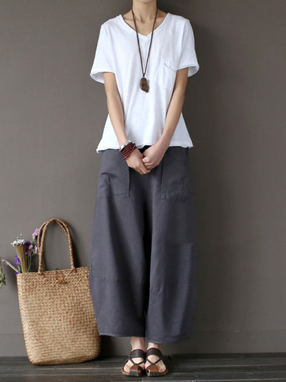 xakxx Simple 4 Colors Loose Linen Wide Leg Pants