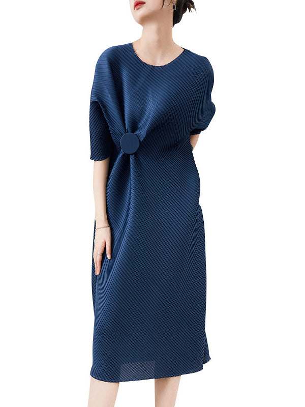 xakxx Stylish Irregularity Loose Pleated Solid Color Round-Neck Midi Dresses