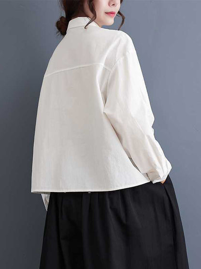 xakxx Long Sleeves Loose Applique Buttoned Embroidered Lapel Blouses&Shirts Tops