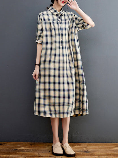 xakxx Half Sleeves Loose Plaid Lapel Midi Dresses