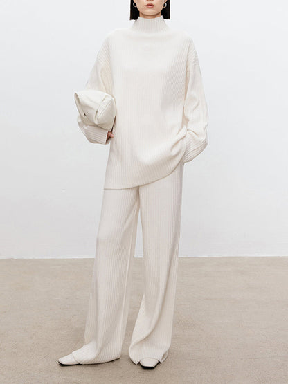 xakxx xakxx-Solid Color Long Sleeves High-Neck Sweater Top + Wide Leg Pants Bottom Two Pieces Set
