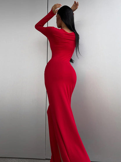 xakxx Bodycon Long Sleeves Solid Color Split-Side Round-Neck Maxi Dresses