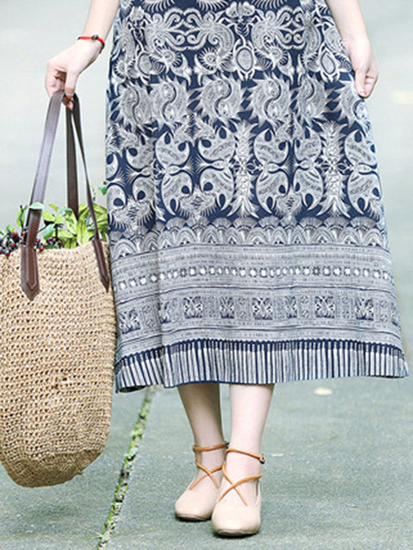 xakxx Vintage Cotton Blend Printing Midi Dresses