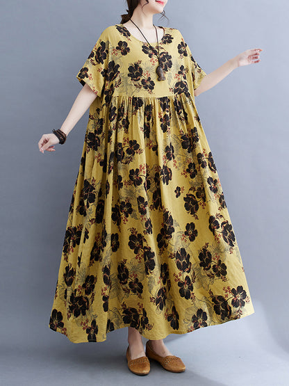 xakxx Loose Short Sleeves Pleated Printed Split-Joint Round-Neck Midi Dresses