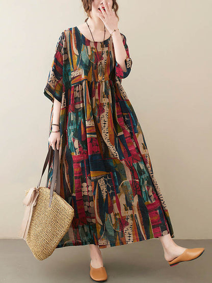 xakxx Vintage Loose Abstract Printed Pleated Round-Neck Half Sleeves Midi Dress