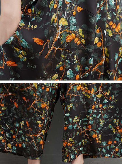 xakxx Loose Artistic Retro Ramie Cotton Floral Printed V-Neck Overalls