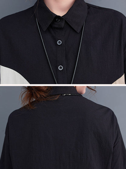 xakxx Loose Oversize Color-Block Contrast Color Split-Joint Lapel Midi Dresses Shirt Dress