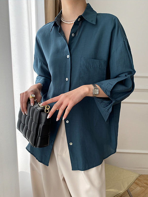xakxx Solid Color Lapel Blouses&Shirts Tops