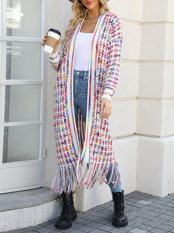 xakxx Long Sleeves Loose Plaid Tasseled Collarless Cardigan Tops