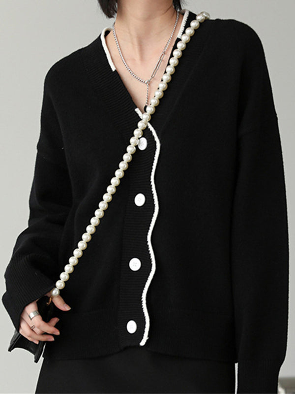 xakxx Casual Loose Long Sleeves Buttoned Contrast Color V-Neck Cardigan Tops