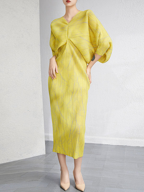 xakxx Urban Loose Batwing Sleeves Printed Pleated V-Neck Midi Dresses