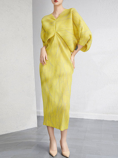 xakxx Urban Loose Batwing Sleeves Printed Pleated V-Neck Midi Dresses