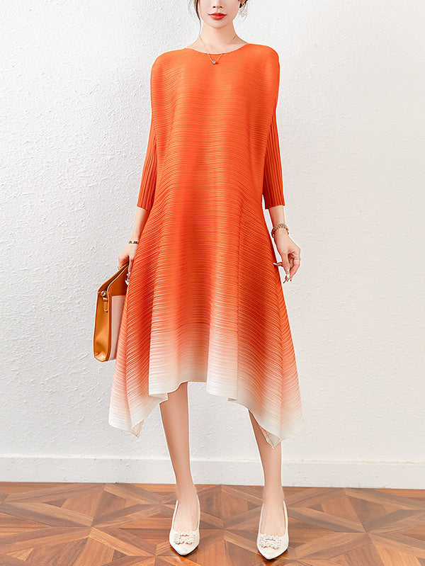 xakxx Original Long Sleeves Loose Pleated Gradient Round-Neck Midi Dresses