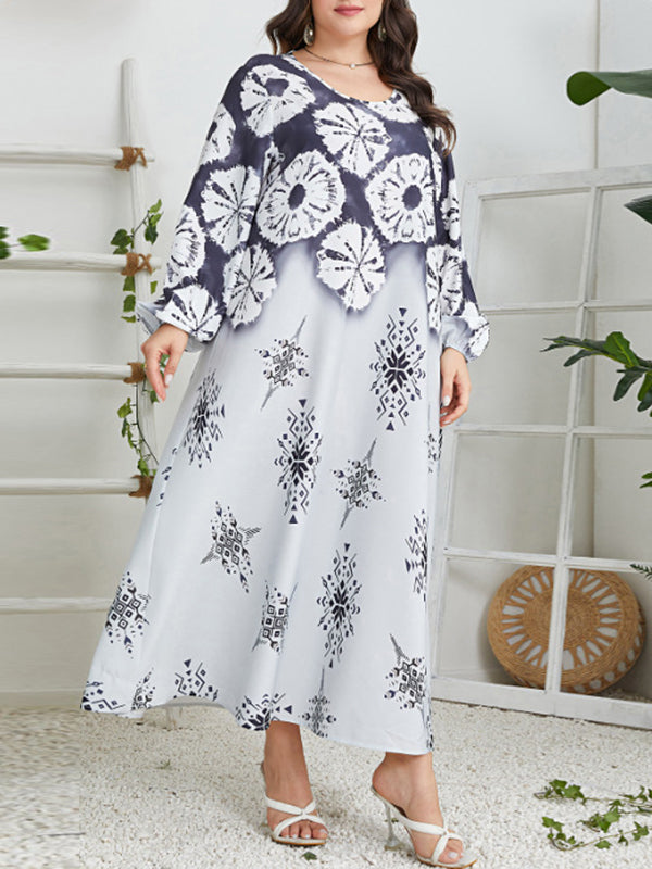 xakxx Long Sleeves Loose Contrast Color Flower Print Muslim Round-Neck Midi Dresses
