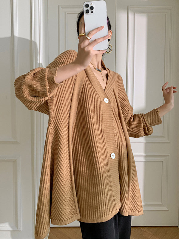 xakxx Stylish A-Line Long Sleeves Loose Solid Color V-Neck Cardigan Tops