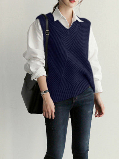 xakxx Casual Sleeveless Loose Solid Color V-Neck Vest Outerwear