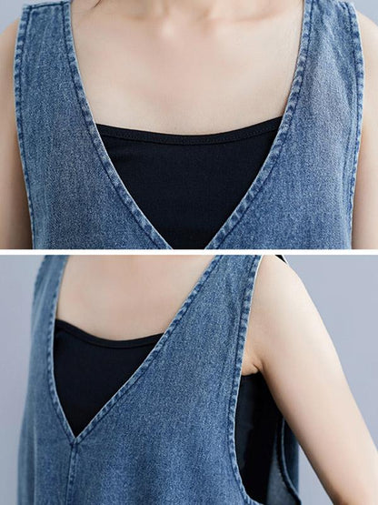 xakxx Loose Sleeveless Denim V-Neck Midi Dress