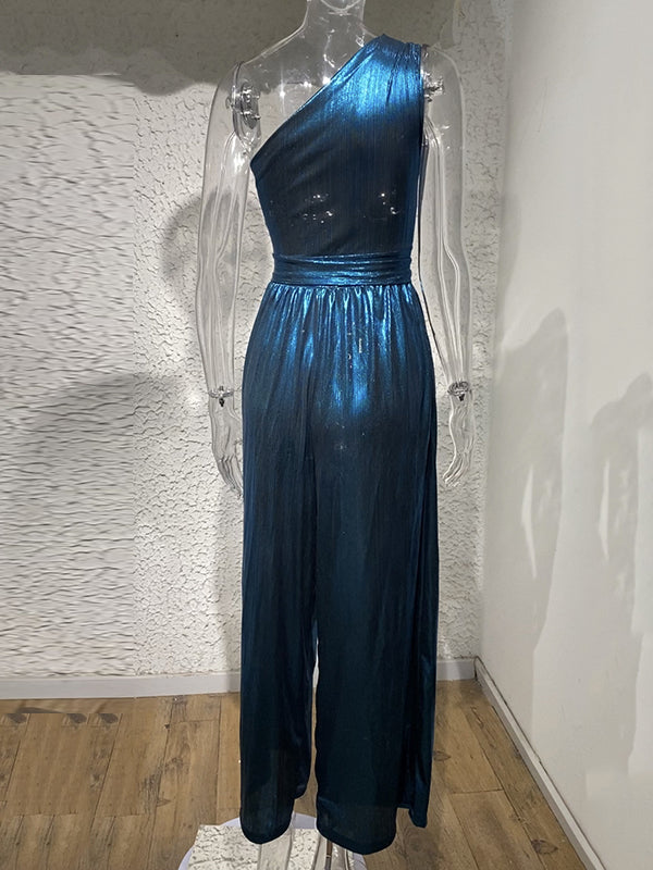 xakxx High Waisted Wide Leg Solid Color One-Shoulder Jumpsuits