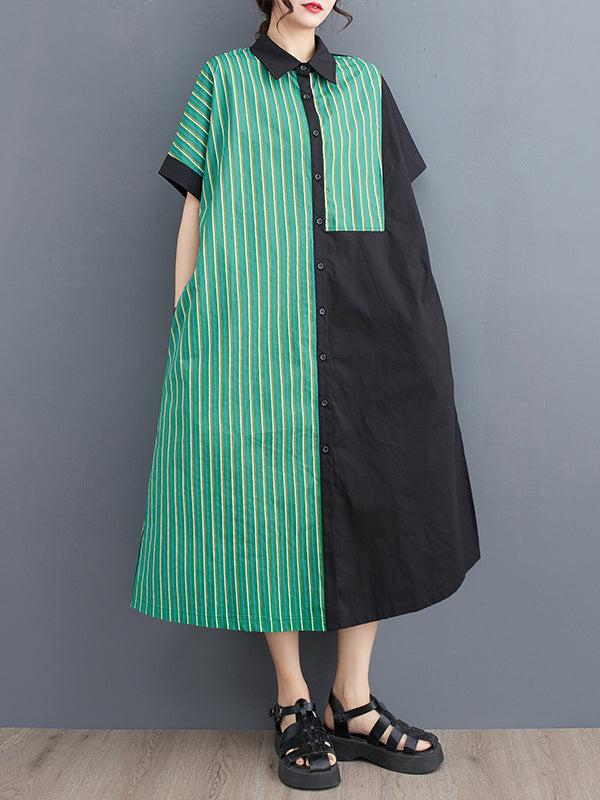 xakxx Loose Short Sleeves Asymmetric Split-Joint Striped Lapel Midi Dresses Shirt Dress