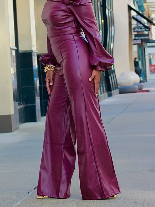 xakxx Long Sleeves Puff Sleeves Asymmetric Knot Solid Color Off-The-Shoulder Shirts Top + Pants Bottom Two Pieces Set
