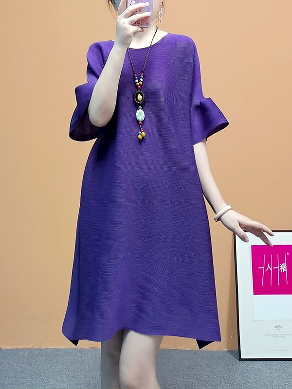 xakxx Stylish Selection Flared Sleeves A-Line Pleated Solid Color Round-Neck Midi Dresses