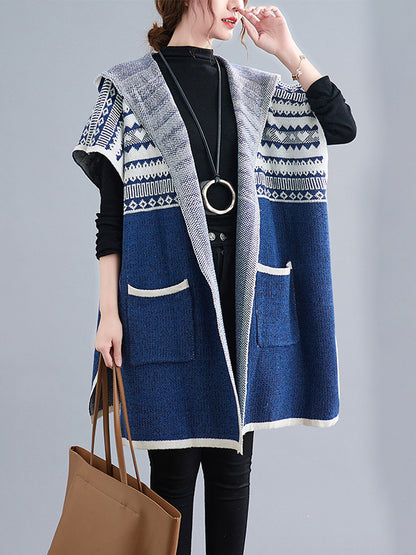 xakxx Artistic Retro Loose Casual With Pocket Hooded Short Sleeves Cardigan Outwear