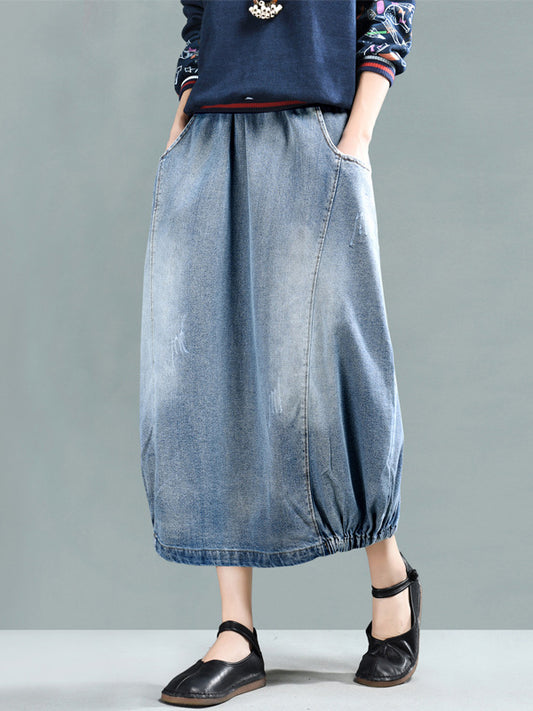 xakxx Vintage Loose A-Line Elasticity Solid Color Skirts Bottoms