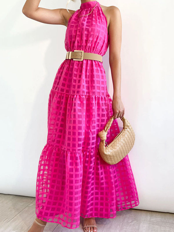 xakxx Loose Sleeveless Plaid Ribbed Stand Collar Maxi Dresses