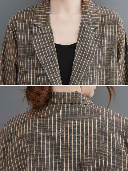 xakxx Vintage Ramie Cotton Notched Collar One Button Suits+Column Pants 2 Pieces Set