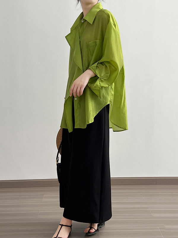 xakxx Irregular Clipping Long Sleeves Solid Color Lapel Blouses&Shirts Tops