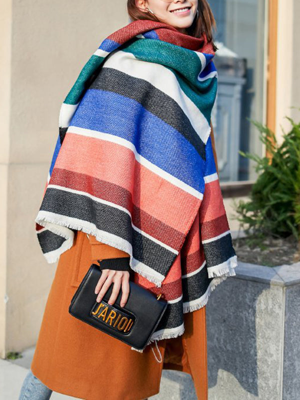 xakxx Contrast Color Fringed Keep Warm Multi-Colored Striped Shawl&Scarf